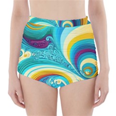 Abstract Waves Ocean Sea Whimsical High-waisted Bikini Bottoms