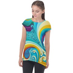 Abstract Waves Ocean Sea Whimsical Cap Sleeve High Low Top