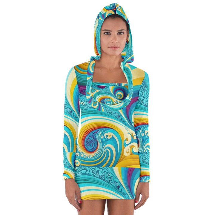 Abstract Waves Ocean Sea Whimsical Long Sleeve Hooded T-shirt