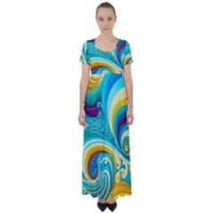 Abstract Waves Ocean Sea Whimsical High Waist Short Sleeve Maxi Dress