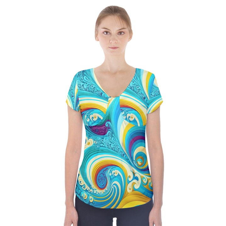 Abstract Waves Ocean Sea Whimsical Short Sleeve Front Detail Top