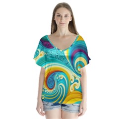 Abstract Waves Ocean Sea Whimsical V-neck Flutter Sleeve Top