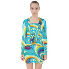 Abstract Waves Ocean Sea Whimsical V-neck Bodycon Long Sleeve Dress