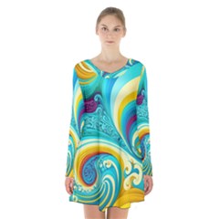 Abstract Waves Ocean Sea Whimsical Long Sleeve Velvet V-neck Dress