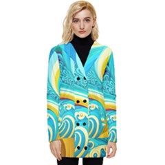 Abstract Waves Ocean Sea Whimsical Button Up Hooded Coat 