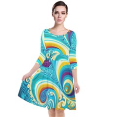 Abstract Waves Ocean Sea Whimsical Quarter Sleeve Waist Band Dress