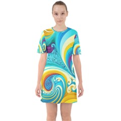 Abstract Waves Ocean Sea Whimsical Sixties Short Sleeve Mini Dress