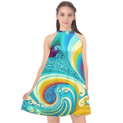 Abstract Waves Ocean Sea Whimsical Halter Neckline Chiffon Dress 