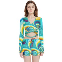 Abstract Waves Ocean Sea Whimsical Velvet Wrap Crop Top And Shorts Set