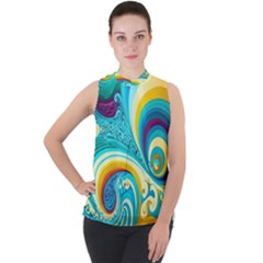 Abstract Waves Ocean Sea Whimsical Mock Neck Chiffon Sleeveless Top by Maspions