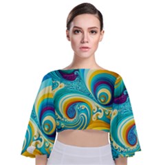 Abstract Waves Ocean Sea Whimsical Tie Back Butterfly Sleeve Chiffon Top