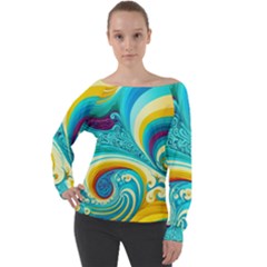 Abstract Waves Ocean Sea Whimsical Off Shoulder Long Sleeve Velour Top