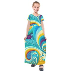 Abstract Waves Ocean Sea Whimsical Kids  Short Sleeve Maxi Dress by Maspions