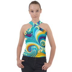 Abstract Waves Ocean Sea Whimsical Cross Neck Velour Top by Maspions