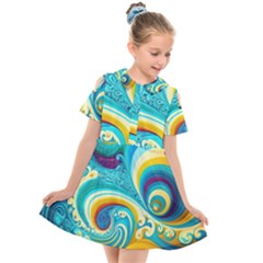 Abstract Waves Ocean Sea Whimsical Kids  Short Sleeve Shirt Dress by Maspions