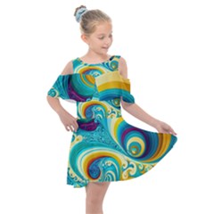 Abstract Waves Ocean Sea Whimsical Kids  Shoulder Cutout Chiffon Dress by Maspions