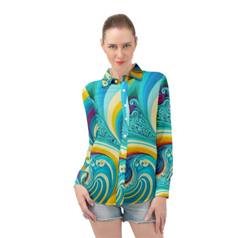 Abstract Waves Ocean Sea Whimsical Long Sleeve Chiffon Shirt by Maspions