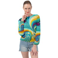 Abstract Waves Ocean Sea Whimsical Banded Bottom Chiffon Top