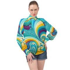 Abstract Waves Ocean Sea Whimsical High Neck Long Sleeve Chiffon Top