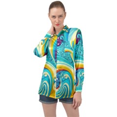 Abstract Waves Ocean Sea Whimsical Long Sleeve Satin Shirt