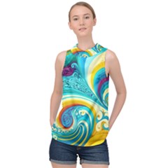 Abstract Waves Ocean Sea Whimsical High Neck Satin Top