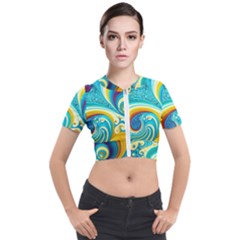 Abstract Waves Ocean Sea Whimsical Short Sleeve Cropped Jacket by Maspions