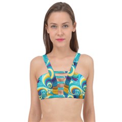 Abstract Waves Ocean Sea Whimsical Cage Up Bikini Top