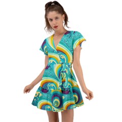 Abstract Waves Ocean Sea Whimsical Flutter Sleeve Wrap Dress