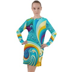 Abstract Waves Ocean Sea Whimsical Long Sleeve Hoodie Dress