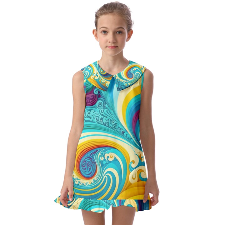 Abstract Waves Ocean Sea Whimsical Kids  Pilgrim Collar Ruffle Hem Dress