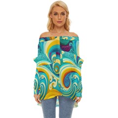 Abstract Waves Ocean Sea Whimsical Off Shoulder Chiffon Pocket Shirt by Maspions