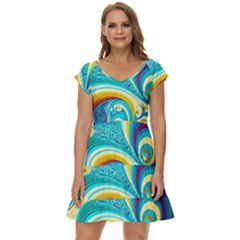 Abstract Waves Ocean Sea Whimsical Short Sleeve Tiered Mini Dress