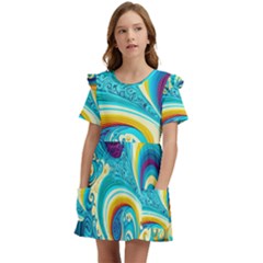 Abstract Waves Ocean Sea Whimsical Kids  Frilly Sleeves Pocket Dress by Maspions