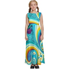 Abstract Waves Ocean Sea Whimsical Kids  Satin Sleeveless Maxi Dress by Maspions