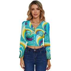 Abstract Waves Ocean Sea Whimsical Long Sleeve V-neck Top by Maspions