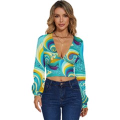 Abstract Waves Ocean Sea Whimsical Long Sleeve Deep-v Velour Top by Maspions