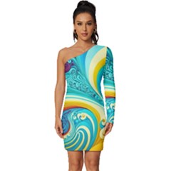 Abstract Waves Ocean Sea Whimsical Long Sleeve One Shoulder Mini Dress