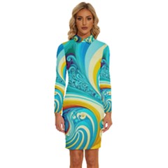 Abstract Waves Ocean Sea Whimsical Long Sleeve Shirt Collar Bodycon Dress