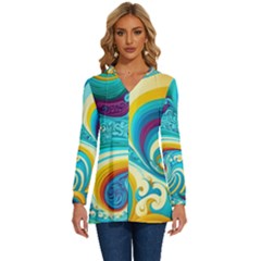 Abstract Waves Ocean Sea Whimsical Long Sleeve Drawstring Hooded Top by Maspions