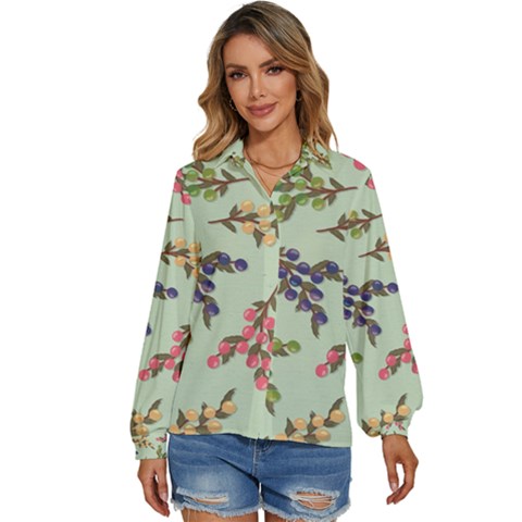 Berries Flowers Pattern Print Women s Long Sleeve Button Up Shirt by Maspions