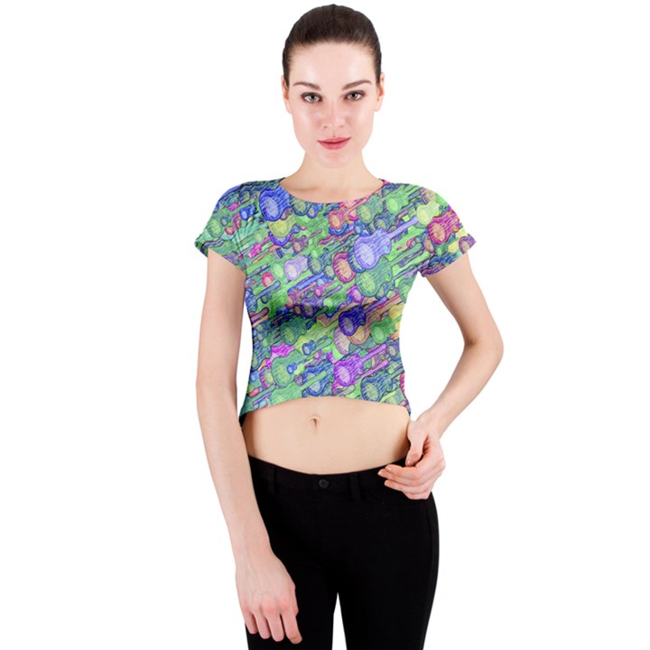 Sktechy Style Guitar Drawing Motif Colorful Random Pattern Wb Crew Neck Crop Top