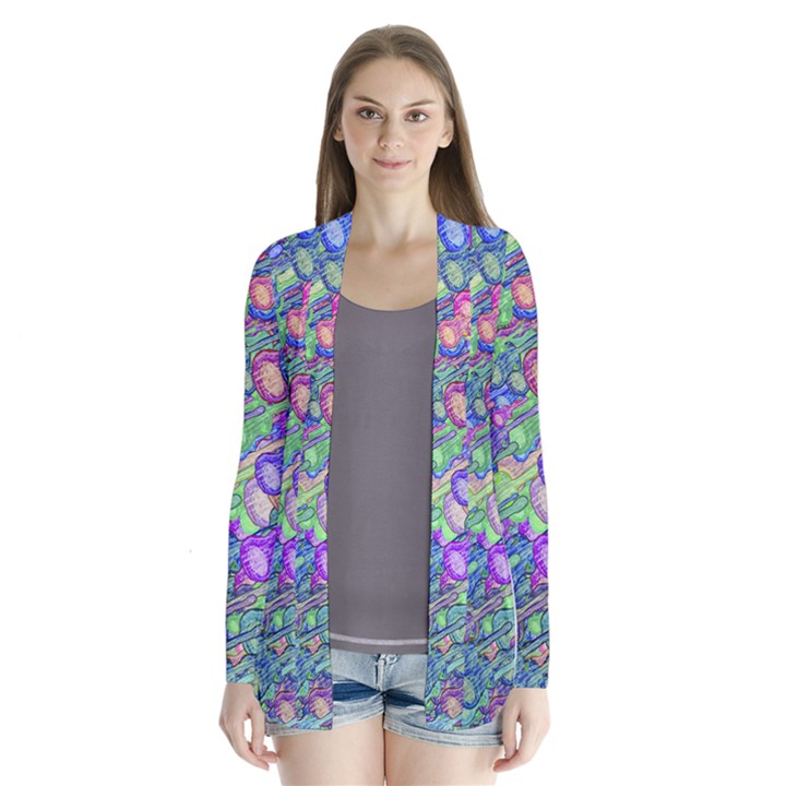 Sktechy Style Guitar Drawing Motif Colorful Random Pattern Wb Drape Collar Cardigan