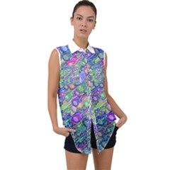 Sktechy Style Guitar Drawing Motif Colorful Random Pattern Wb Sleeveless Chiffon Button Shirt