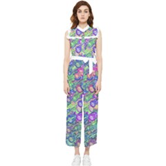 Sktechy Style Guitar Drawing Motif Colorful Random Pattern Wb Women s Frill Top Chiffon Jumpsuit by dflcprintsclothing