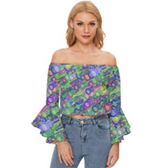 Sktechy Style Guitar Drawing Motif Colorful Random Pattern Wb Off Shoulder Flutter Bell Sleeve Top by dflcprintsclothing