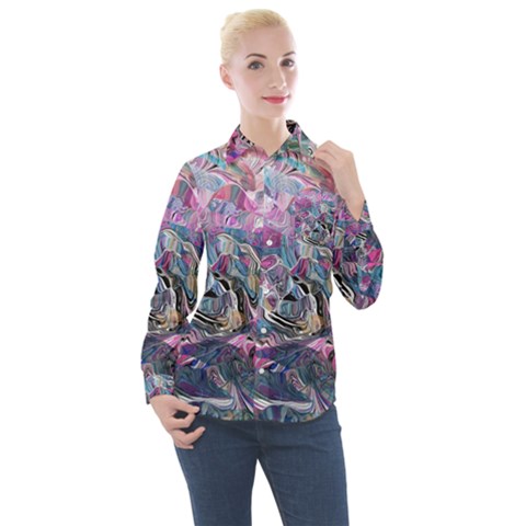 Pink Swirls Blend  Women s Long Sleeve Pocket Shirt by kaleidomarblingart