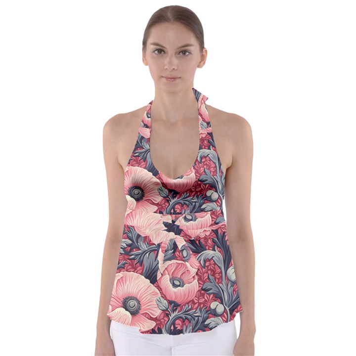 Vintage Floral Poppies Tie Back Tankini Top