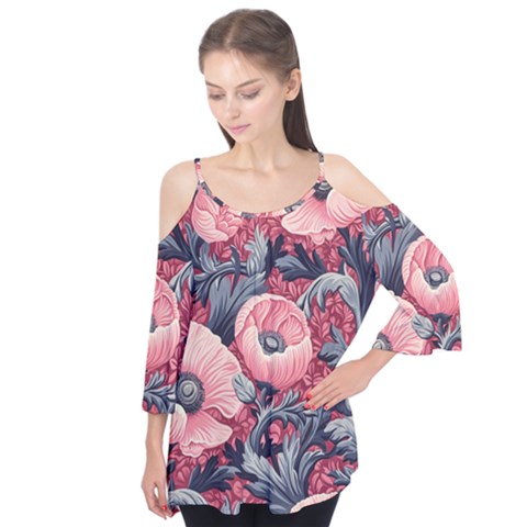 Vintage Floral Poppies Flutter Sleeve T-shirt  by Grandong