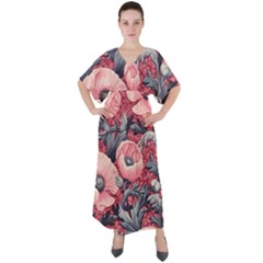 Vintage Floral Poppies V-neck Boho Style Maxi Dress by Grandong