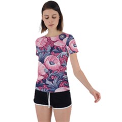 Vintage Floral Poppies Back Circle Cutout Sports T-shirt by Grandong